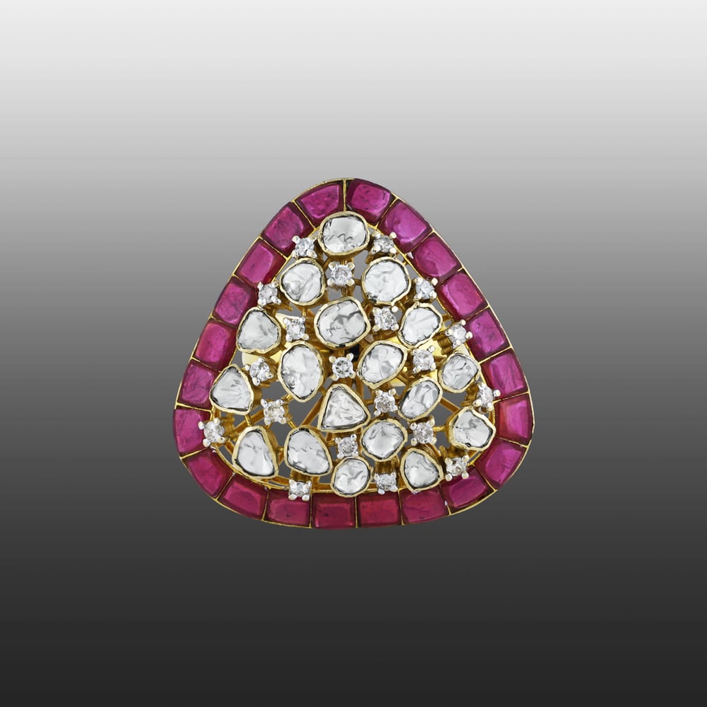 Triangular Polki Ring with Red Talaf and Diamond Cluster